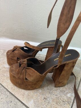 Saint Laurent Brown Suede Platform Sandals with Ankle Ties